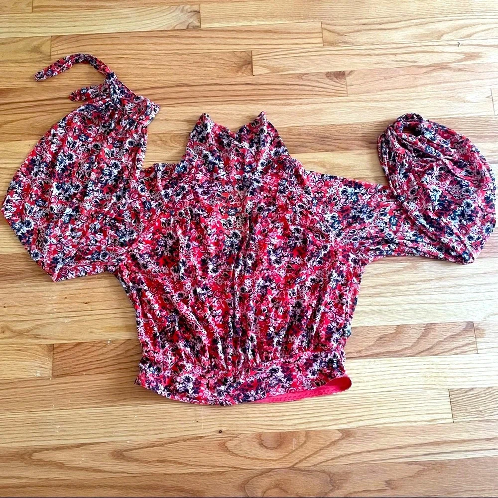 Free People All Dolled Up Mesh Orange Florals Long Sleeve Top Size S